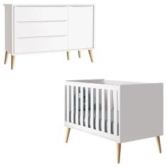 Berço Americano e Cômoda com Porta Infantil Theo Branco Acetinado Pés 