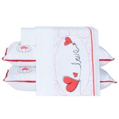 Jogo De Cama Lençol Coração Love Branco Queen 04 Peças - Percal 200 Fios