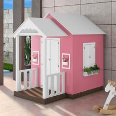 Casinha de Brinquedo MDF com Varanda Artesanal Branco/Rosa L12 - Gran Belo