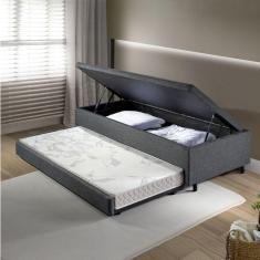 Bicama com Baú Solteirão Reforçado 96x203 Cm em Linho Cinza