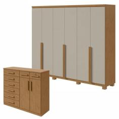 Conjunto de Guarda-Roupa Alonzo com pés e Cômoda Toronto Amêndoa Clean/Off White