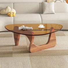 Mesa de centro moderna de meados do século – mesa de centro triangular com base de madeira natural com tampo de vidro triangular para sala de estar, pátio, escritório, mesas de canto abstratas