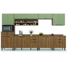 Armário de Cozinha Completa Com Balcão Nicho Para Micro Ondas 13 Portas 8 Gavetas Paris Nogal/Verde Batrol