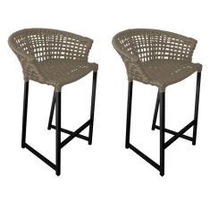 Kit 2 Banquetas Reis em Corda Náutica e Base em Alumínio Preta para Área Gourmet - Externa Rami