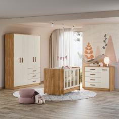 Quarto de Bebê Completo Guarda-roupa 4 Portas, Berço Mini Cama Encanto e Cômoda 4 Gavetas Pérola marrom/branco off