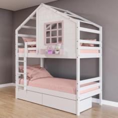 Beliche Casinha com Janela e 02 Gavetas Madeira Maciça Branco/ Rosa Ho