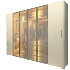 Guarda Roupa de Casal Gelius Innova com  250 cm de Largura 6 portas com 4 portas de vidro reflecta 4 gavetas com pés e LED OFF White