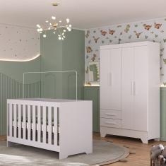 Quarto de Bebê com Guarda Roupa 4 Portas 2 Gavetas e Berço 3 em 1 Catavento Maya Rodial