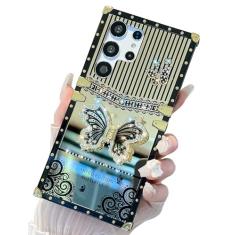 HALATUA Linda capa compatível com Samsung Galaxy S24 Ultra, luxuosa borboleta brilhante com suporte dobrável para mulheres e meninas, capa protetora à prova de choque flexível de renda espelhada