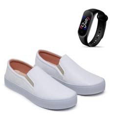 Kit Tênis Casual Feminino Macio Legítimo Slip On Iate + Relógio Touch 