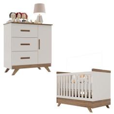 Berço Americano Vitória E Cômoda Infantil Retro Maya Off White Carvalh