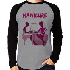 Camiseta Raglan Manicure Manga Longa - Foca na Moda, Cinza, Preto, GG