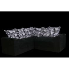 Sofá de Canto Preto Floral almofadas Dupla Face