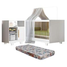 Quarto de Bebê com Berço Mini Cama com Colchão Flocos e Cômoda 100% Md