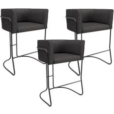 Kit 03 Banquetas Baixa Base De Aço Preto Betina D02 Linho Cinza Escuro C-416 - Lyam Decor