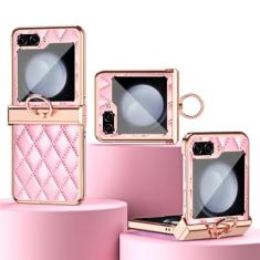 Capa de telefone de couro PU com anel galvanizado para Samsung Galaxy Z Flip 5 4 3 Flip5 Flip4 Flip3 Capa de suporte à prova de choque, rosa, para Galaxy Z Flip3