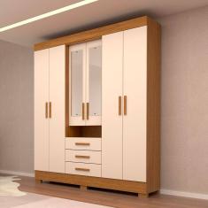 Guarda-roupa Casal 6 Portas 3 Gavetas Capelinha com Espelho 100% Mdf Débora Cinamomo/Off White