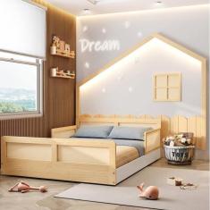 Cama Casal Montessoriana Reversivel Lift, Grades de Proteção e Moldura com Led Dream Decor Casatema Branco/Natural