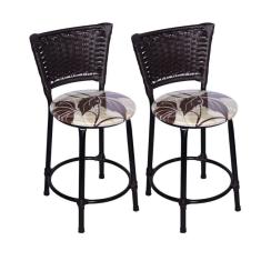 Kit 2 Banquetas Baixas Preta com Encosto Junco Argila Assento Floral Marrom