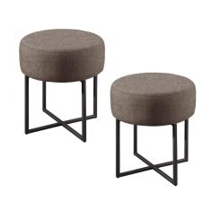 Conjunto - 2 Puffs Banqueta Otávio Base Metálica Preta Luxo Linho Cappuccino