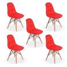 Conjunto 5 Cadeiras Dkr Charles Eames Wood Estofada Botonê - Vermelha
