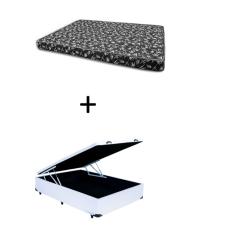 Cama Box Baú Casal 138 Bello Box - Tecido Sintético Branco com Colchão New York Preto D28 - 100% Espuma - 54x138x188