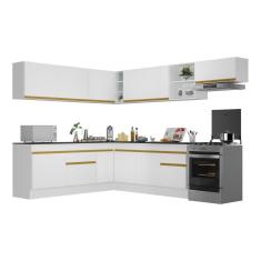 Armário De Cozinha Completa De Canto V2103 Branco Dourado