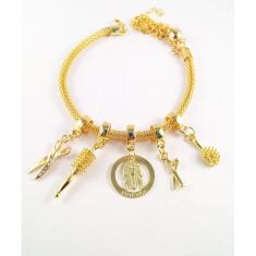 Pulseira Berloques Tesoura Escova Pente Folheado Ouro 18k