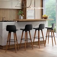 4 Banquetas Alto Padrão Com Encosto Pes de Madeira Tecido Linho Preto