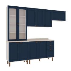 Cozinha Modulada Compacta 4 Peças com Cristaleira 100% Mdf Branco e Azul