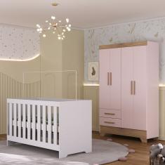 Quarto de Bebê com Guarda Roupa 4 Portas 2 Gavetas e Berço 3 em 1 Catavento Maya Rodial - Rosa/Nature