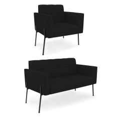 Sofá Namoradeira E Poltrona Base Pé De Ferro Preto Elisa Linho Preto A79 D03 - D'rossi