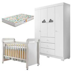 Berço Americano Mirelle e Guarda Roupa Infantil Ane Branco Brilho com Colchão Gazin - Phoenix Baby