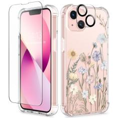 GVIEWIN Capa projetada para iPhone 13 de 6,1 polegadas, com protetor de tela de vidro temperado + protetor de lente de câmera, flor transparente, macia e flexível, fina, à prova de choque, floral