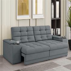 Sofá Retrátil E Reclinável 2,05m 3 Lugares Com Porta Copos Kansas Veludo Cinza Luizzi Cinza