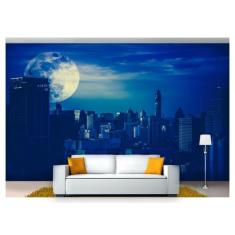 Papel De Parede Lua Noite Cidade Prédios 3D  Nsk77 - Você Decora