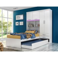 Guarda Roupa Solteiro com Bicama 4 Portas 2 Gavetas Milena Branco/Lilás acp Móveis 100%MDF