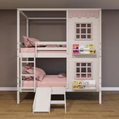 Beliche Casinha Reta com 02 Janelas e Escorregador Madeira Maciça Branco/ Rosa Housin