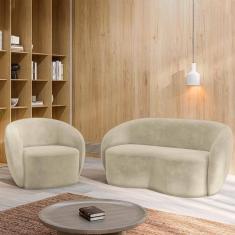 Conjunto 1 Sofá Living 160cm E 1 Poltrona íbis Encosto Fixo Veludo Bege G33 - Gran Belo