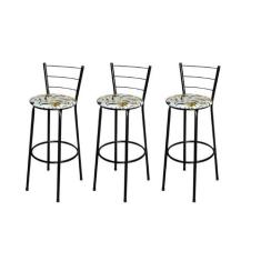 Jogo 3 Banqueta Alta Para Cozinha Epoxi Preta Estofado Floral - Lamar 