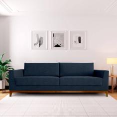 Sofá 3 Lugares 240cm Movie Estilo Moderno Linho Pés em Madeira Maciça Azul Jeans