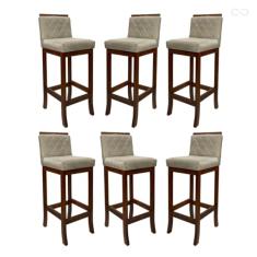 Kit 6 Banquetas Alta de Madeira Maciça Nice com Encosto Matelassê Suede Bege CCS