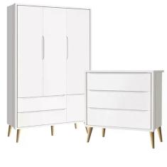 Guarda Roupa 3 Portas E Cômoda 3 Gav Theo Branco Fosco Pés Madeira Natural - Reller Móveis Branco Fosco