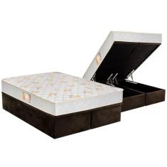 Cama Box Baú Queen: Colchão Espuma Castor D28 Sleep Max Duplo + Base Crc Suede Marrom(158X198)