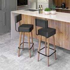 Banqueta Alta Cozinha 70cm Encosto Pé Madeira Kit 2 Barcelona PU Preto