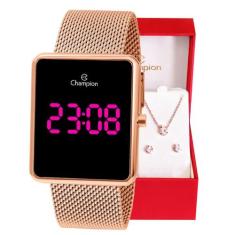 Relógio Champion Feminino Digital Led Quadrado Rosé Ch40080h + Colar E