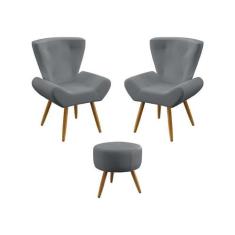 Kit 2 Poltronas Polaris e Puff Solar Sued Cinza Aradecor