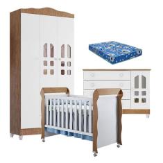 Quarto de Bebê New Selena 3 Portas com Cômoda Gran Selena e Berço Mirelle Branco Acetinado Amadeirado e Colchão Ortobom – Carolina Móveis