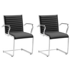 Kit 2 Cadeiras Escritório Fixa Preta Com Braços Cromada - Alezzi
