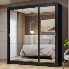 Guarda-roupa Casal 3 Portas de Correr de Espelho Preto Nobre Madesa